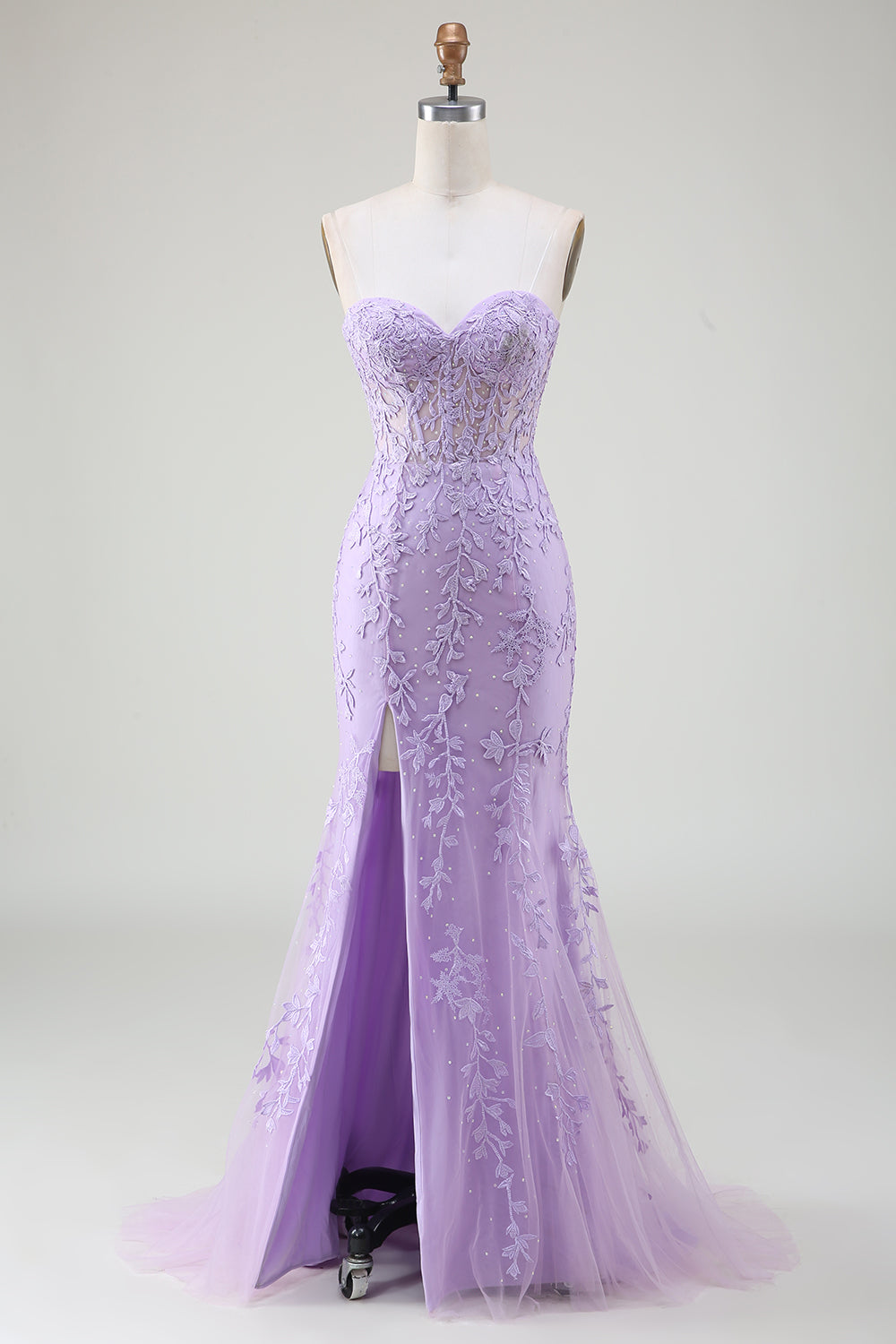 Light Purple Corset Sweetheart Long Lace Mermaid Prom Dress with Slit