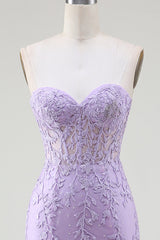 Light Purple Corset Sweetheart Long Lace Mermaid Prom Dress with Slit