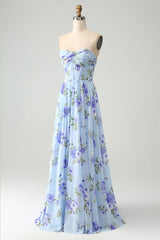 Blue Floral A Line Sweetheart Strapless Pleated Long Wedding Guest Dress