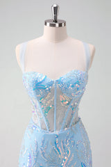 Sparkly Light Blue Corset Tight Short Homecoming Dress