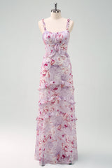 Grey Purple Sheath Ruffled Floral Long Bridesmaid Dress
