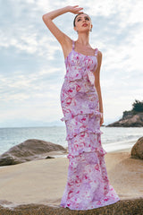 Grey Purple Sheath Ruffled Floral Long Bridesmaid Dress