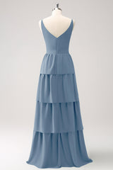 Dusty Blue A Line V-Neck Tiered Long Bridesmaid Dress