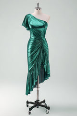 Dark Green Mermaid Metallic One Shoulder Cocktail Dress with Ruffles