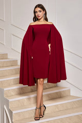 Burgundy Bodycon Off the Shoulder Cocktail Dress With Cape Sleeves