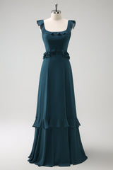 Dark Peacock Green Scoop Neck A-Line Long Bridesmaid Dress