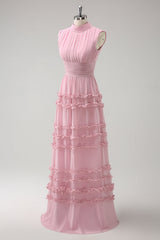 Blush Ruffled Chiffon A-Line Bridesmaid Dress with Open Back