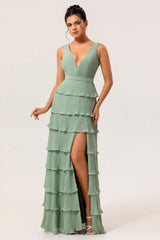 Dusty Sage Pleated Tiered A-Line Bridesmaid Dress with Slit