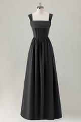Champagne Corset A-Line Square Neck Long Bridesmaid Dress with Lace Up Back
