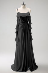 Eucalyptus A-Line Spaghetti Straps Chiffon Long Bridesmaid Dress with Slit