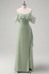 Eucalyptus Off The Shoulder Chiffon Long Bridesmaid Dress