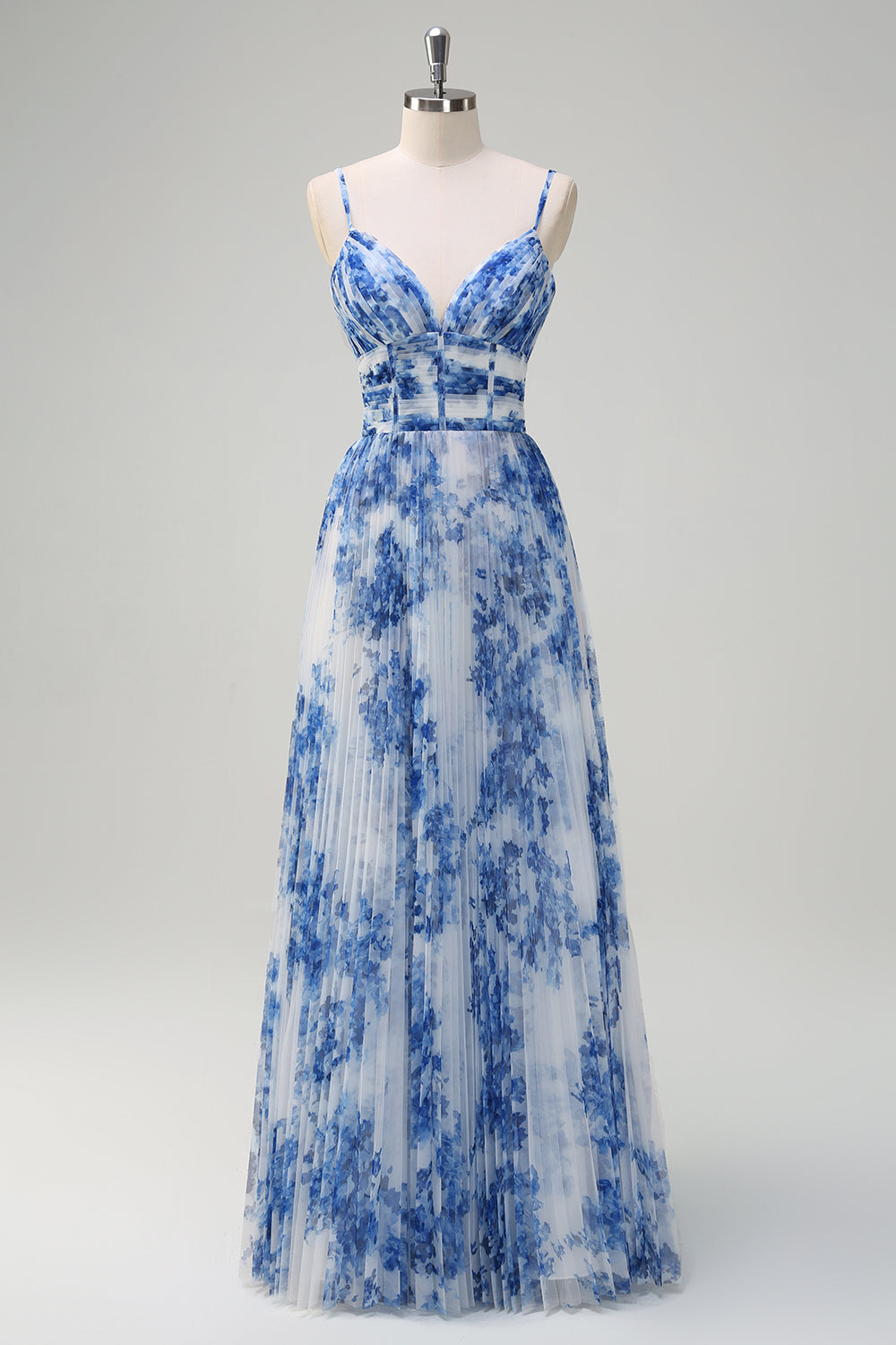 White Blue Flower Pleated Spaghetti Straps Long Bridesmaid Dress