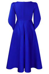 Fashion Elegant Royal Blue A Line Solid Swing Dress with Half Sleeves