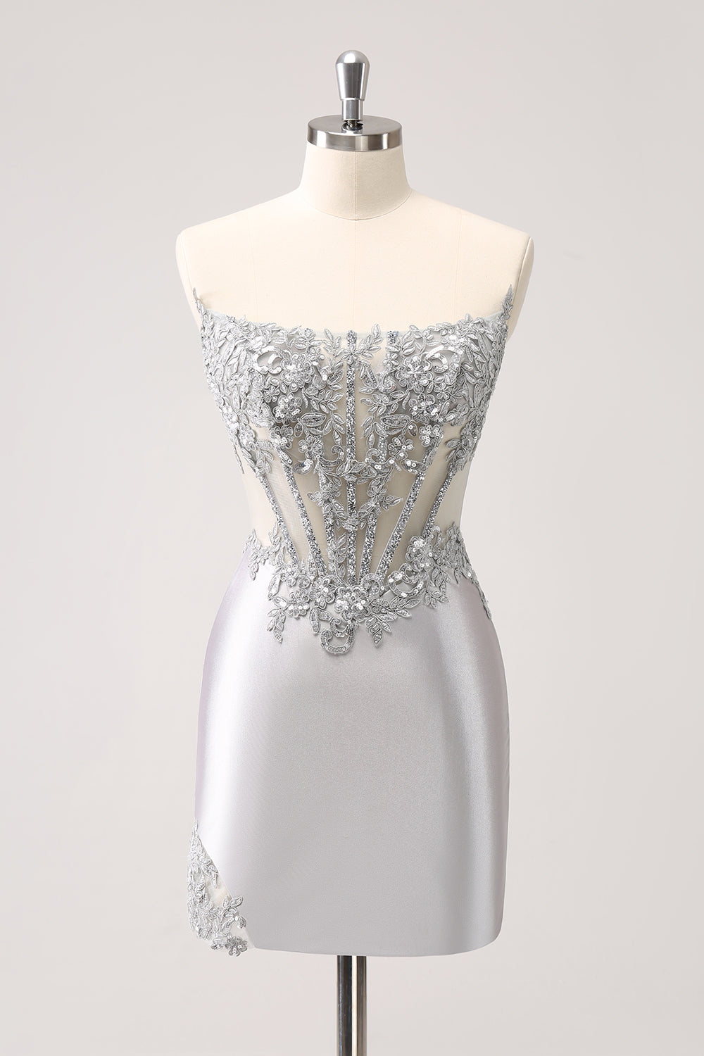Sparkly Strapless Corset Silver Floral Tight Short Homecoming Dress