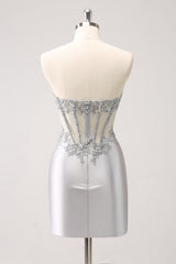 Sparkly Strapless Corset Silver Floral Tight Short Homecoming Dress