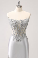 Sparkly Strapless Corset Silver Floral Tight Short Homecoming Dress