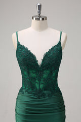 Dark Green V-Neck Mermaid Applique Spaghetti Straps Long Prom Dress