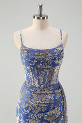 Blue Burnt Out Velvet Spaghetti Straps Sheath Bridesmaid Dress With Slit