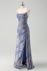 Blue Burnt Out Velvet Spaghetti Straps Sheath Bridesmaid Dress With Slit