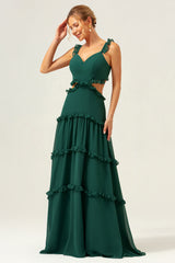 Dark Green A-Line Chiffon Ruffled Long Bridesmaid Dress with Hollow Out