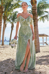 Dusty Sage Cold Shoulder Floral Long Bridesmaid Dress with Slit