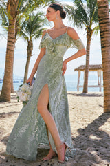 Dusty Sage Cold Shoulder Floral Long Bridesmaid Dress with Slit