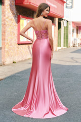 Sparkly Coral Corset Mermaid Long Prom Dress with Slit