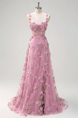 Taro Floral A-Line Spaghetti Straps Long Prom Dress with Slit