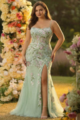 Green Floral Mermaid Applique Spaghetti Straps Corset Long Prom Dress with Slit