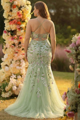 Green Floral Mermaid Applique Spaghetti Straps Corset Long Prom Dress with Slit