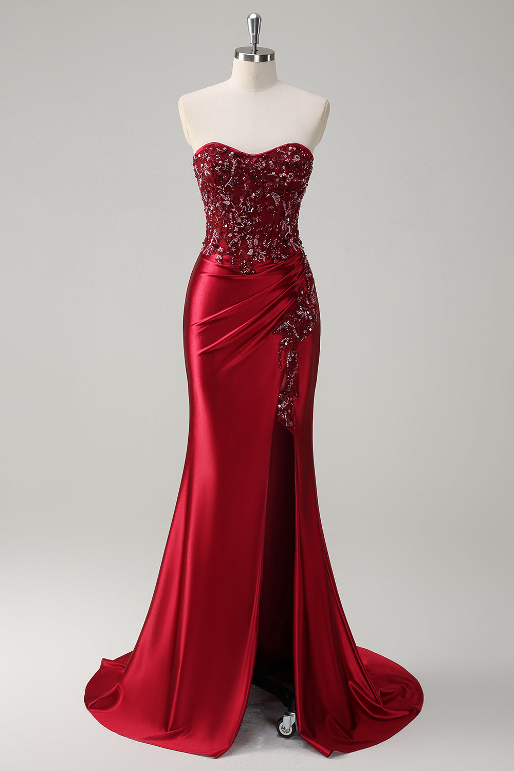 Sparkly Burgundy Floral Mermaid Beaded Corset Long Prom Dress with Slit