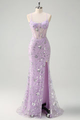 Sparkly Lilac Mermaid Spaghetti Straps Prom Dress with Slit