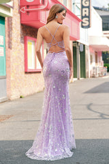 Sparkly Lilac Mermaid Spaghetti Straps Prom Dress with Slit