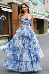 White Blue Flower Tiered Sweetheart A-Line Long Prom Dress