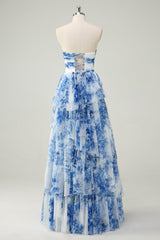 White Blue Flower Tiered Sweetheart A-Line Long Prom Dress