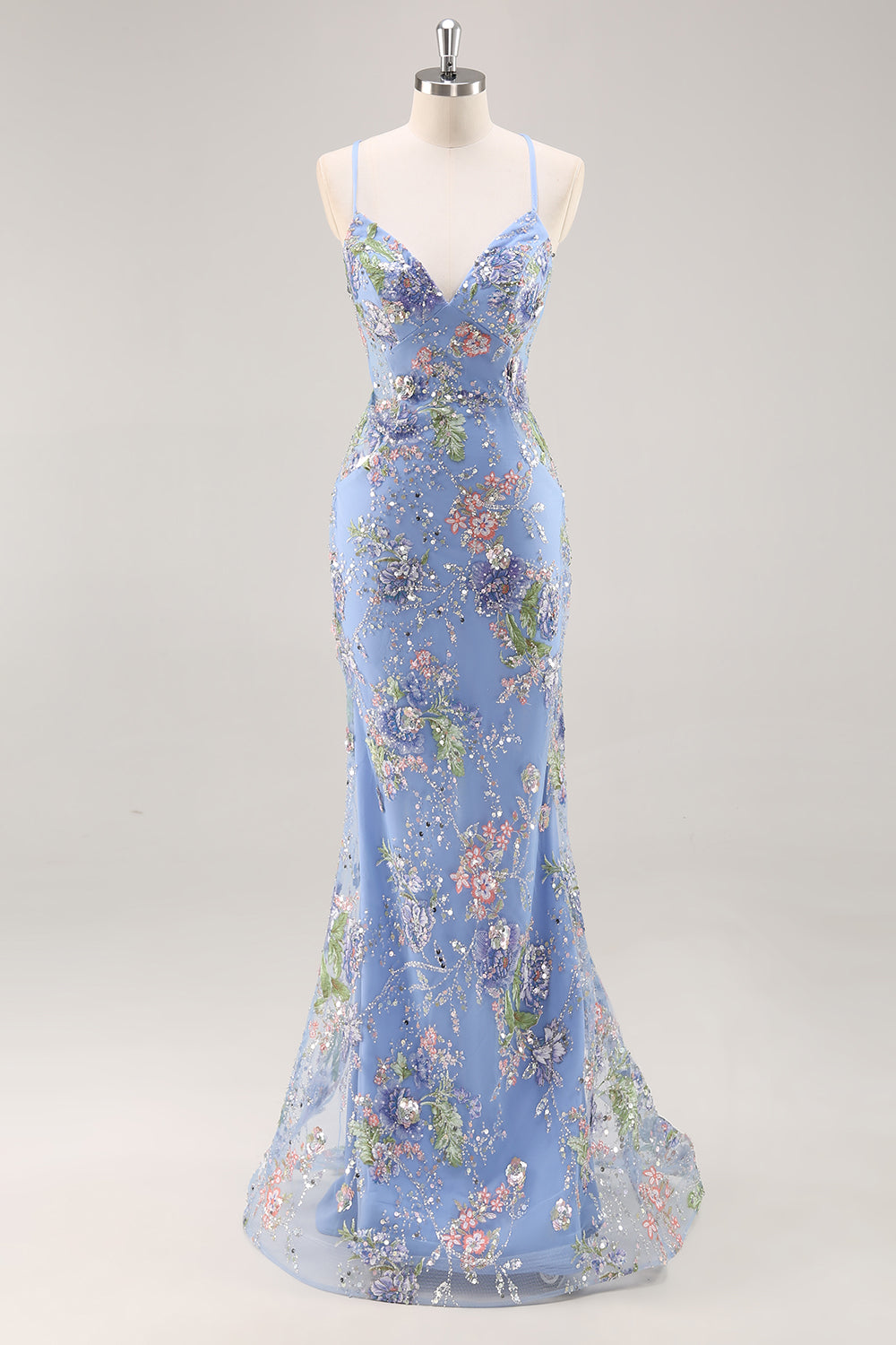 Sparkly Blue Beaded Mermaid Floral Long Prom Dress with Sequins