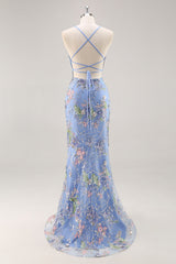 Sparkly Blue Beaded Mermaid Floral Long Prom Dress with Sequins