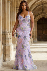 Sparkly Lilac Beaded Floral Mermaid Long Prom Dress with Sequins