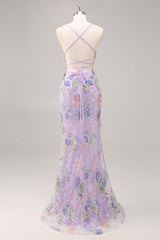 Sparkly Lilac Beaded Floral Mermaid Long Prom Dress with Sequins
