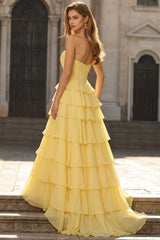 Yellow A-Line Tiered Sweetheart Long Prom Dress with Slit
