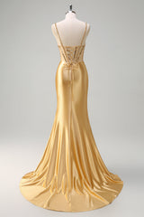Golden Mermaid Sequined Spaghetti Straps Long Prom Dress with Slit