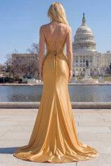 Golden Mermaid Sequined Spaghetti Straps Long Prom Dress with Slit