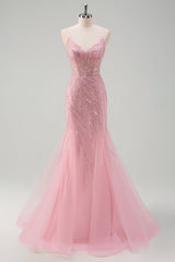 Sparkly Pink Mermaid Spaghetti Straps Long Prom Dress