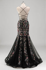 Black Mermaid Spaghetti Straps Corset Long Prom Dress with Appliques