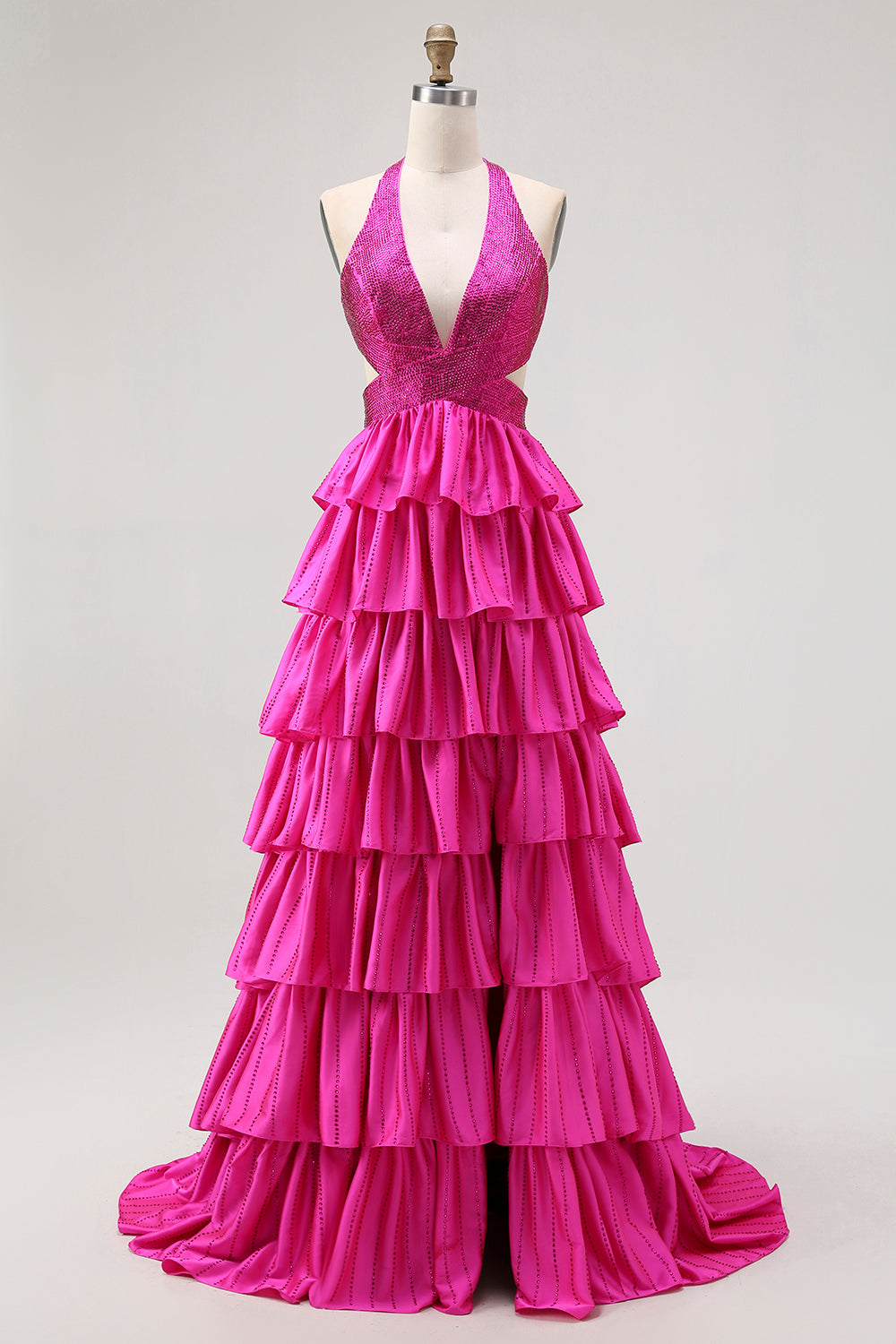 Sparkly Fuchsia Halter A-Line Ruffled Long Prom Dress with Beading