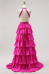 Sparkly Fuchsia Halter A-Line Ruffled Long Prom Dress with Beading