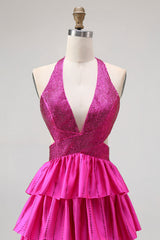 Sparkly Fuchsia Halter A-Line Ruffled Long Prom Dress with Beading