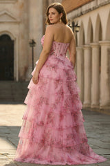 Blush A Line Floral Sweetheart Tiered Long Corset Prom Dress with Slit