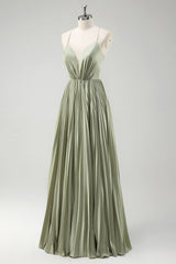 Green Pleated Spaghetti Straps Long Bridesmaid Dress