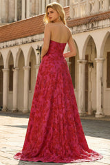 Strapless Fuchsia A Line Floral Long Prom Dress with Slit